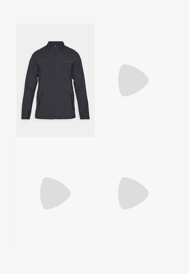 Black, long-sleeve jacket with a zippered collar, two side pockets, and a subtle logo on the chest. Smooth texture, lightweight fabric.; adidas Golf TOUR STRIPE - Polo shirt - black; adidas Golf ADI ADVANTAGE TAPERED GOLF PANT - Trousers - hemp; Black synthetic golf shoes with a textured upper, lace-up design, and a gray outsole featuring spikes for traction.