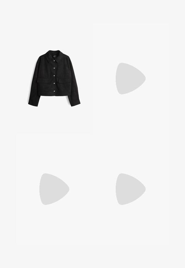 Black suede jacket with a collar, featuring silver snap buttons, two front pockets, and a cropped design with long sleeves.; Black, knitted sweater with a round neckline and three-quarter sleeves, paired with a pleated black skirt. Smooth texture, form-fitting design.; Black sleeveless crop top made of smooth fabric, featuring a round neck and a clean, simple design without patterns or hardware.; Black flared trousers made of a smooth fabric, featuring a mid-rise waist and side pockets, with a clean, tailored silhouette.; Black leather ankle boots with a rounded toe, elastic side panels, and a chunky block heel. Textured sole for grip.