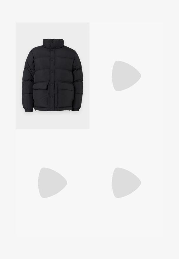 Black padded puffer jacket with high collar, snap button front closure, two front flap pockets, and elasticated cuffs.; Navy blue sweatshirt with a round neckline, long sleeves, and ribbed cuffs. Features a small embroidered design on the chest.; Black short-sleeve crew neck t-shirt with small embroidered orange fox logo on left chest.; Distressed denim jeans in light green, featuring a straight leg, five-pocket design, and uneven fading with paint splatters.; Black leather loafers with a smooth texture, rounded toe, and a decorative strap across the vamp. Low stacked heel, minimalist design.