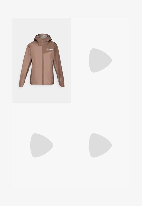 adidas Terrex RAIN  - Vízálló dzseki - trace brown/earth strata; Rövid ujjú sportpóló, amely teal színű testtel és rózsaszín raglán ujjal rendelkezik. Könnyű anyagból készült, kerek nyakkivágással.; Fekete sportnadrág sima anyagból, testhezálló fazonnal, cipzáras zsebekkel és texturált alsó résszel. Az elején logó nyomtatva.; Fekete sportcipő Gore-Tex felsőrésszel, fehér csíkokkal, lila részletekkel, vastag szürke középtalppal és textúrált szürke talppal a tapadásért.