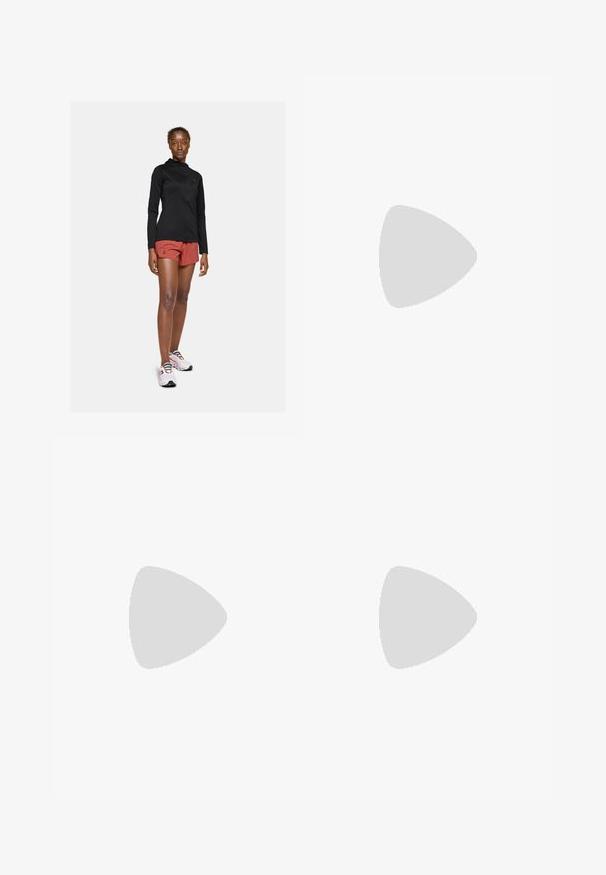 Black long-sleeve active jacket, red athletic shorts, and white sneakers with colorful laces. Shows a fitted, streamlined design.; Light blue athletic t-shirt with a round neckline, short sleeves, and textured fabric. Features a small white logo on the left chest.; Light gray athletic shorts with an elastic waistband layered over dark gray leggings. Both materials are smooth, stretchy, and fitted.; Sneakers with a light beige and white upper, featuring a textured mint green accent and a soft, cushioned sole with wave patterns.