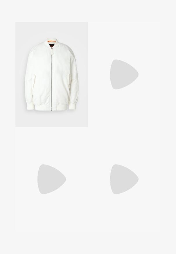 White bomber jacket with a smooth, shiny texture, ribbed collar and cuffs, zip closure, and side pockets. Subtle orange accents inside.; White cotton t-shirt with relaxed fit, featuring a small green embroidered logo on the chest. Short sleeves and a rounded neckline.; White sweatpants with an elastic waistband, tapered cuffs, and a small green logo on the left thigh. Made from soft, textured material.; Lacoste white sneaker with a smooth leather upper, flat laces, padded collar, and a textured rubber sole. Subtle logo on the side.