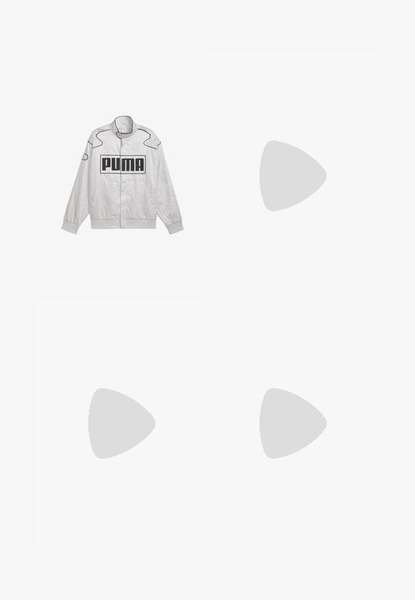 Vaaleanharmaa vuorattu bomber-takki mustilla yksityiskohdilla, jossa on suuri musta "PUMA"-logo edessä, ribbauskiristykset hihansuissa ja sivutaskut.; Puma HYROX ALWAYS ON CLOUDSPUN TEE - Tekninen t-paita - black; Tummanharmaat urheilushortsit, joissa on joustava vyötärö, säädettävä nyöri ja sisäinen verkkovuori; vasemmassa jalassa on huomaamaton brändäys.; Valkoiset urheilukengät, joissa on karkea verkkomateriaali, yhdessä vaaleansinisten ribattujen sukkien kanssa, joissa on logo. Harmaat urheiluhousut, joissa on rei'itetty reunus.