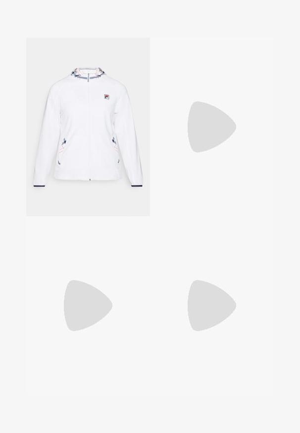 Hvit jakke med full glidelås, med et mønstrete hette i blått og rødt. Inkluderer logo på brystet og dekorative sømmer på sidene.; Hvit T-skjorte med korte ermer laget av lett materiale. Har rund hals og en liten farget logo på venstre bryst. Enkelt design.; Marine treningsbukser laget av glatt stoff, med en innsnevret design, elastisk midjebånd og hvite sidestriper. Inkluderer to lommer.; Hvit trening sko med et teksturert mesh-overdel, sølvlogo og slitesterk gummisåle. Har polstret krage og snøring for sikker passform.