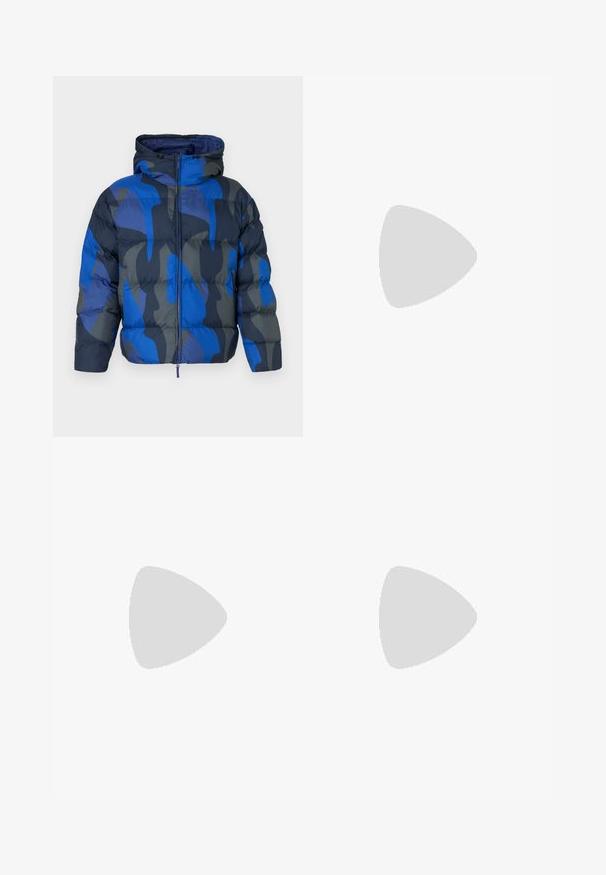 Padded jacket with a hood, featuring a blue and gray abstract pattern. Made of shiny, lightweight material, with a front zipper and elastic cuffs.; Navy blue turtleneck sweater made of smooth knit fabric. Long sleeves and fitted design with ribbed accents at the collar and hem.; Black sweatpants with contrast red stripes and logo on the side. Features an elastic waistband with drawstring and tapered ankle cuffs.; Black sneakers featuring a smooth leather upper, mesh accents, perforated details, and a textured rubber sole with a low profile design.