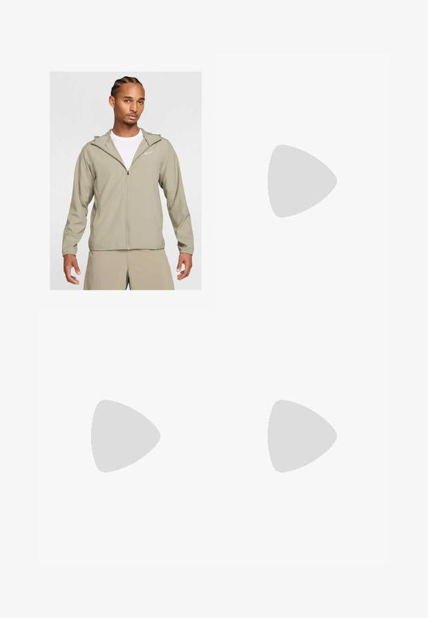 Veste Nike beige clair avec zip, capuche et poignets élastiques. Texture lisse, design minimaliste et petit logo en argent sur la poitrine.; T-shirt vert à manches courtes en tissu doux, avec un col rond et un petit logo Nike noir sur la poitrine gauche. Design simple.; Shorts de sport beiges avec une taille élastique, une poche frontale unique et un logo sur le côté inférieur droit. Tissu lisse et léger.; Chaussure de trail running verte avec une tige en mesh, des lacets noirs et une semelle extérieure jaune épaisse. Présente les marques "Fresh Foam" et "Vibram".
