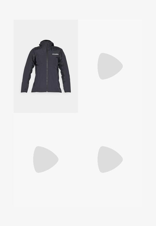 Musta vedenpitävä takki, jossa on vetoketjukiinnitys edessä, teksturoidut olkapäät ja hengittävät sivupaneelit. Sisältää logon rinnassa ja hupussa.; Musta lyhythihainen t-paita, joka on valmistettu kevyestä kankaasta. Sisältää miehustan kaula-aukon ja pienen valkoisen "TERREX"-logon rinnassa.; Terrex urheilushortsit vaaleanpunaisena, jossa musta joustava vyötärö. Ominaisuuksiin kuuluvat hengittävä kangas ja pieni sivutasku.; Musta urheilukenkä harmailla aksentteilla, jossa on tekstuuroitu verkkopinta, kolme valkoista raitaa ja kumipohja kestävyyttä varten.