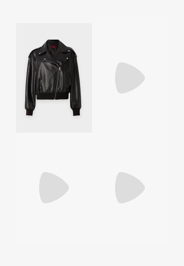 Black leather cropped jacket with asymmetrical zip closure, wide lapels, and ribbed cuffs and hem. Features a textured finish and side pocket.; White tank top made of cotton, features a simple design with a rounded neckline and black "HUGO" logo at the center. Smooth texture.; Blue denim jeans with a straight-leg cut, high waist, and classic five-pocket design. Features a button and zipper closure.; Black high-heeled mules with a pointed toe, made of smooth leather. Features a wide ankle strap with a square silver buckle and studs.