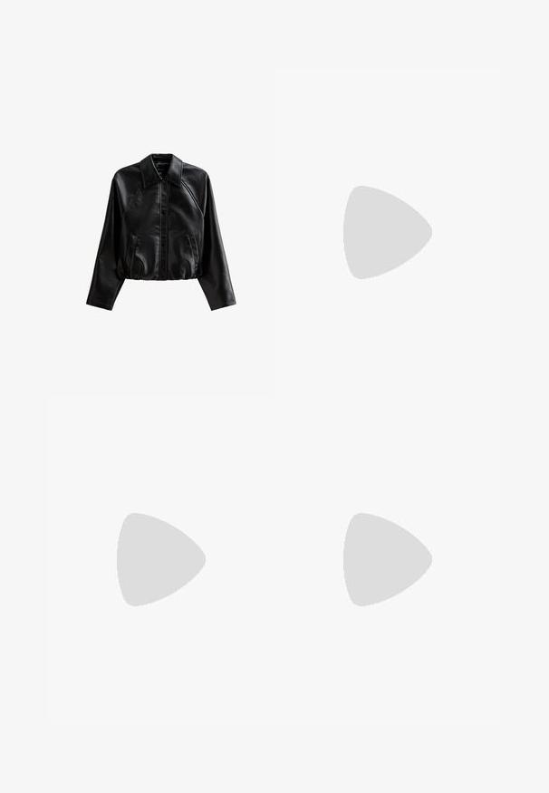 Veste en cuir noire courte avec un col, fermeture à boutons et poches latérales. Elle présente une texture lisse et des manches raglan.; Ensemble noir en deux pièces comprenant un crop top asymétrique et une jupe taille haute avec un détail torsadé et une fente sur le côté. Tissu lisse.; Bottine en cuir verni noir avec des coutures blanches, bout arrondi et talon carré. Présente des lignes de design courbées et une texture lisse.; Sac à main en cuir verni noir avec une forme triangulaire, doté d'une fermeture éclair supérieure et d'une sangle ajustable. Logo "KARL LAGERFELD JEANS" en argent.