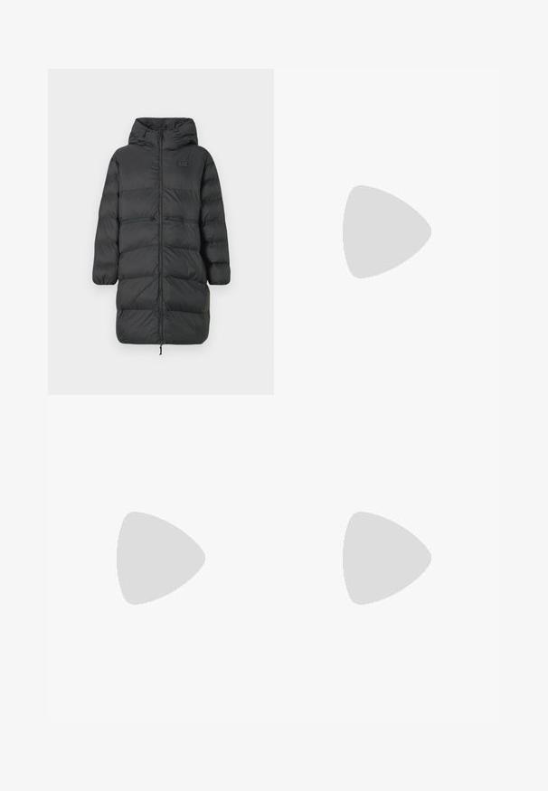 Black long puffer coat with hood, elastic cuffs, front zipper, and two horizontal zip pockets at waist, featuring a small EA7 logo on chest.; White cotton t-shirt featuring a round neckline and short sleeves, with a gold EA7 Emporio Armani logo printed on the front.; Black elastic waistband sweatpants with slim tapered legs and small logo on upper thigh, displayed on white background.; Black leather sneaker with a smooth finish, round toe, and black laces. Features minimal branding on the heel and a rubber outsole.