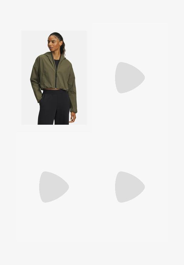 Lühendatud oliiviroheline jakk kapuutsiga, millel on esi tõmblukk ja pikad varrukad. Kombineeritud mustade, elastse vöökohaga dressipükstega.; Heledsinine lühikeste varrukatega sportlik särk, mis on valmistatud siledast kangast, ümara kaelusega ja valge logo esiküljel. Lõige ja sobivus on kujundatud mugavuseks.; Tume sinised retuusid, valmistatud venivast kangast, kõrge vöökoha ja küljetaskuga. Sile tekstuur ja liibuv disain.; Valged spordijalatsid tekstuurse võrkkattega, sidumisdisain, pehmendusega kaelus ja pehmendatud valge tald. Külje peal on peenetune logo.