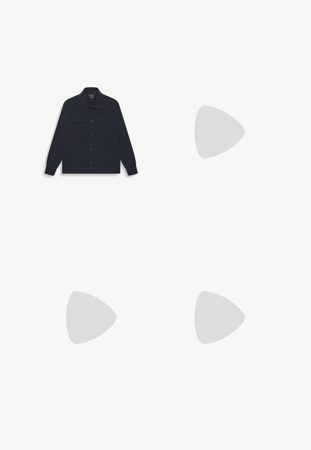Navy blue jacket made of smooth fabric, featuring a button-up front, two chest pockets, and long sleeves with buttoned cuffs.; Black cotton t-shirt featuring a detailed orange tiger head graphic with fine line patterns. Classic crew neck and short sleeves.; Black denim pants featuring a straight-leg cut, five-pocket design, and a front button closure. Smooth texture with minimal stitching details.; Black sneakers featuring a textured croc-embossed leather upper, rounded toe, and a contrasting white rubber sole with a smooth finish.