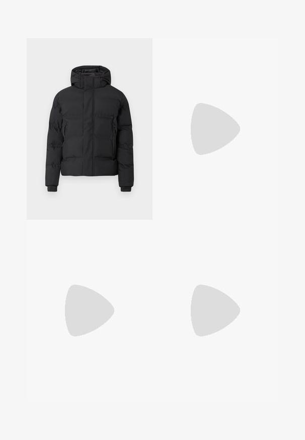 Black padded jacket with a hood, featuring a front zipper and side zippered pockets. Made from a smooth, water-resistant material.; Black cotton t-shirt featuring a white graphic design with tree and shoe elements. Round neckline and short sleeves with a relaxed fit.; Black denim jeans with a straight leg design, five pockets, and belt loops, featuring a slightly faded texture and contrast stitching.; Calvin Klein Jeans Lace-up ankle boots - triple black