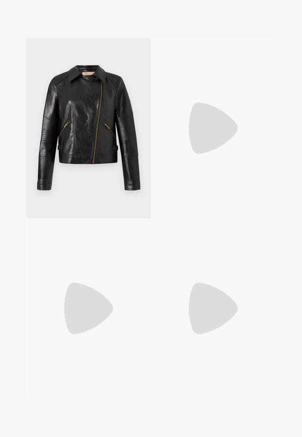 Juodas odinis motociklininko švarkas su prigludusia forma, asimetriniu priekiniais užtrauktuku ir rievėtu tekstūros akcentais ant rankovių. Auksinės spalvos detalės.; Tamsiai mėlynas medvilninis marškinėliai su trumpomis rankovėmis, apvaliu iškirpimu ir mažu tekstūriniu logotipu ant krūtinės. Minimalistinis dizainas ir glotni tekstūra.; Bordo spalvota plisuota maksi sijonas su permatomu taškuotu apačiu. Audinio tekstūra yra lygi, su elastinga juosmens juosta patogumui.; Juodas poliesterinis odinis loaferis su žemu blokiniu kulnu, siuvinėtu pirštu ir metaline sagtimi viršuje, parodytas šoniniame profilyje ant baltos fono.