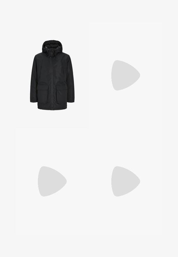 Parka negra aislante con capucha, que cuenta con un cierre frontal de cremallera, dos grandes bolsillos frontales y una textura suave y mate.; Sudadera burdeos con cuello redondo, mangas raglán, puños y bajo de canalé, hecha de una suave mezcla de algodón.; Pantalones de mezcla de algodón negros con corte ajustado, que presentan un cierre de botón, bolsillos y puños enrollados para un acabado casual.; Zapatillas negras de corte bajo hechas de material sintético suave. Punta redonda, diseño con cordones y suela de goma plana con acentos texturizados.