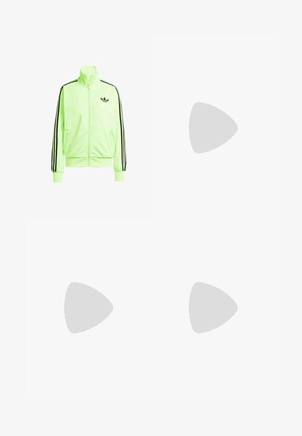 Neon green zip-up jacket made of smooth fabric featuring black side stripes, ribbed cuffs, and an Adidas logo on the left chest.; Green tank top with yellow accents, made of stretchy material. Features large yellow "adidas" logo across the front and thin straps.; Green athletic pants made of smooth, lightweight material, featuring black side stripes and an embroidered logo on the front.; Green suede sneakers with white stripes and accents, rubber gum sole, featuring green laces and branding on the side.