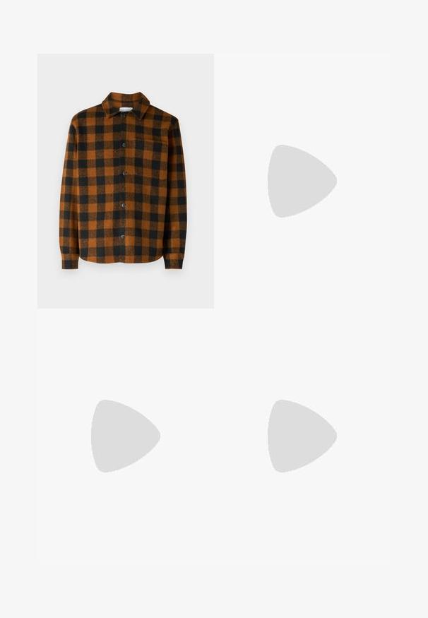 Plaid shirt in orange and black colors; made of soft fabric with a button front, collar, and single chest pocket. Features long sleeves.; Brown knitted sweater with a round neckline, long sleeves, and a relaxed fit. Smooth texture with ribbed cuffs and hem.; Brown cargo pants with flared legs, featuring side pockets, white stitching accents, and a metal button closure.; Brown leather slip-on shoe with a rounded toe, textured stitching detail, gold eyelets, and a tan, ridged outsole. Interior features bright orange.