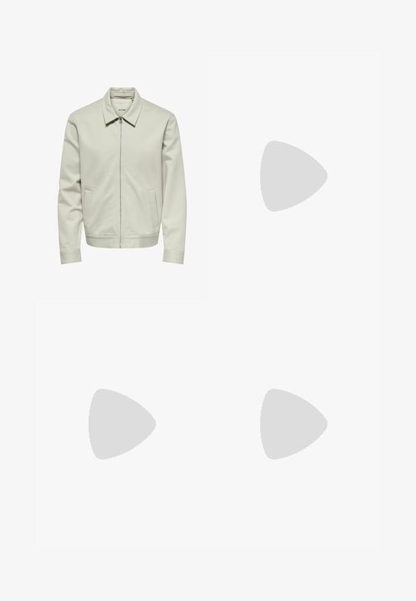 Chaqueta de cremallera beige clara con cuello, mangas largas y dos bolsillos laterales, mostrada sobre un fondo blanco.; Jack & Jones JOROLLIE HALF ZIP - Jersey de punto - atmosphere; Jeans de mezclilla azul claro con un ajuste holgado, diseño de pierna recta, costuras visibles, dos bolsillos frontales y cierre de botón.; adidas Originals ADIDAS GAZELLE SHOES - Botines de fútbol sala - real madrid/bluebird/footwear white/crew yellow