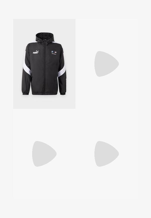 Black windbreaker jacket with a hood, featuring white accents and Puma and BMW Motorsport logos on the front. Lightweight, smooth texture.; White cotton T-shirt with a round neckline and short sleeves. Features a small black Puma logo on the left chest. Smooth texture, casual fit.; Green swim shorts with a textured pattern, elastic waistband, and drawstring. Features a logo patch on the side and contrasting trim details.; Black athletic sneakers with a textured upper, featuring a prominent logo, thick sole, and subtle grey accents along the design.