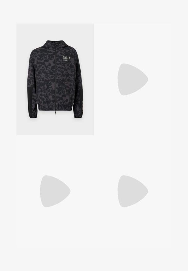 Hooded jacket in black with a grey abstract pattern. Features zip closure, elastic cuffs, and a branded logo on the chest.; Light green short-sleeve t-shirt featuring a subtle camouflage pattern, crew neckline, and smooth texture with no visible hardware or accents.; Black shorts with a dark camo pattern, elastic waistband, side pockets, and a belt with a buckle. Made from lightweight, comfortable material.; White leather sneaker with a smooth finish, round toe, flat laces, and a textured sole. Features a subtle logo on the heel.