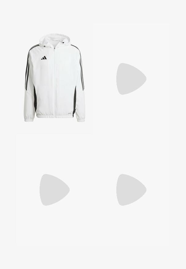 Witte sportjack met capuchon, met zwarte strepen langs de mouwen en een Adidas-logo op de bovenste linkerborst. Elastische manchetten.; Witte sportt-shirt met een subtiel golvenpatroon, ronde hals, korte mouwen en een zwart logo met drie strepen op de linkerbovenborst.; Rode sportieve shorts van lichtgewicht stof, met een wit logo op het linkerbeen en drie witte strepen langs de zijkanten.; Witte hardloopschoen met zwarte strepen, neon groene accenten en een rode hak. Beschikt over een lichtgewicht ontwerp en een gestructureerde zool voor grip.