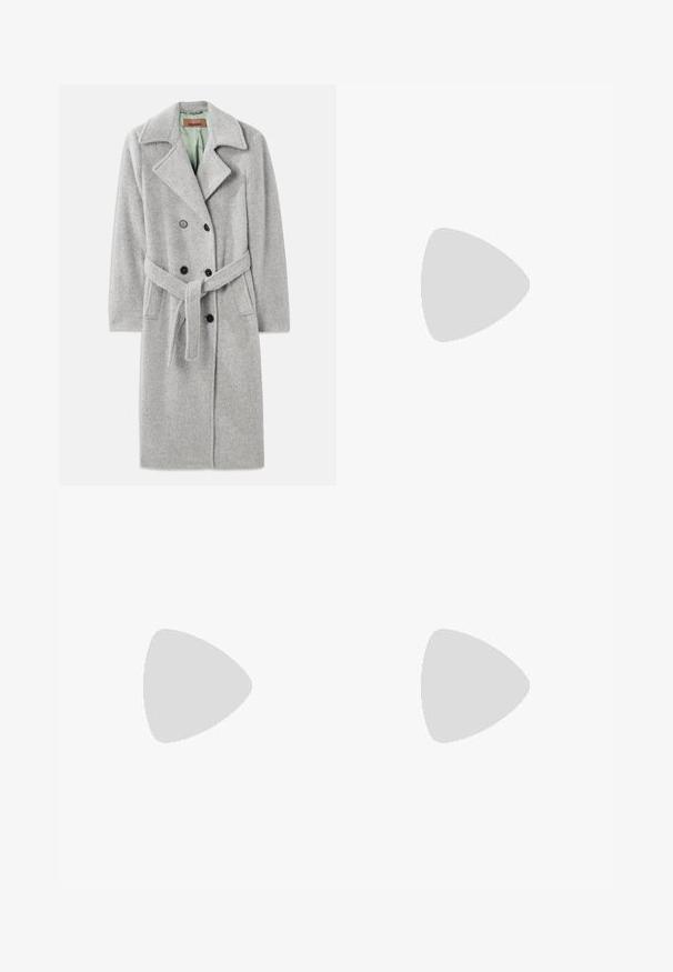 Pilkas vilnos mišinys paltas su dvigubai užsegamu dizainu, smailiomis apykaklėmis, juodais mygtukais ir audinio diržu. Vidus šviesiai žalias.; Megztas polo megztinis su daugiakampiu zigzag raštu, su juodu apykakle ir mygtukų užsegimu. Minkšta tekstūra, ilgomis rankovėmis ir gumuotais rankogaliais.; Rudas polo marškinėliai su daugiaspalviu bangų raštu rudų, grietinėlės ir terakotos atspalviuose; penkių mygtukų užsegimas; trumpomis rankovėmis.; Platūs juodi kelnių kraštai su zigzago raštu, elastinga juosmena, pristatyti ant balto fono.; Juodi kulniukai su užtrauktuku ant kulkšnies. Yra tekstūruota, daugiaspalvė audinio juosta per pirštus. Lygus odos paviršius.