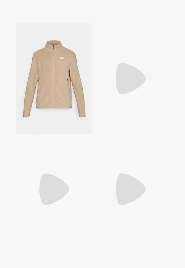 The North Face M GLACIER FLEECE JACKET - Fleecová bunda - mushroom grey; Černá mikina vyrobená z bavlny, s výrazným červeným logem a grafikou. Design obsahuje dlouhé rukávy a kulatý výstřih.; Černé venkovní kalhoty s rovnou siluetou, vybavené zipovými kapsami, poutky na opasek a lehkým, odolným textilním materiálem.; Hnědé nepromokavé sneakers s texturovaným svrškem, perforovanými detaily, černým oporou paty a šedou gumovou podrážkou. Šňůrky mají kovové konce.
