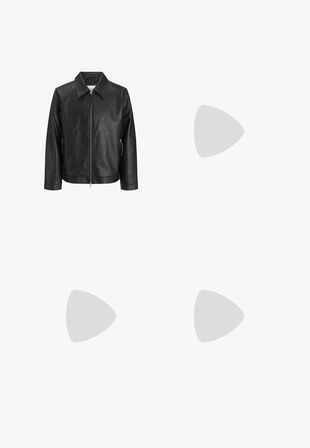 Jachetă din piele neagră cu guler, fermoar frontal și buzunare laterale. Are un finisaj texturat și un design elegant.; Tricou negru din bumbac, cu un imprimeu pe piept care spune "PLANTE DE CASĂ" cu un font alb stilizat, având "Levi's" dedesubt. Decolteu clasic tip crew.; Pantaloni scurți roz deschis din bumbac, cu față plată, bucle pentru curea, închidere cu un singur buton și buzunare laterale. Textură netedă.; Tenis negri slip-on cu upper din piele texturată, talpă din cauciuc alb și fără șireturi vizibile. Prezintă logo-ul mărcii pe lateral.
