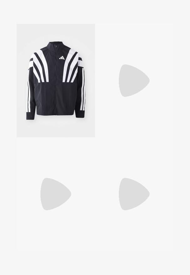 Fekete dzseki magas gallérral, teljes cipzárral és merész, fehér, átlós csíkokkal az ujjakon. Könnyű anyagból készült, sima tapintással.; Fekete pamut póló rövid ujjal, kerek nyakkivágással, bal mellrészen fehér logóval. Sima textúra és egyszerű dizájn.; Fekete sportnadrág, szűkített fazonnal. Jellemzői közé tartozik a rugalmas derékbőség, oldalsó cipzáras zsebek, és egy logó a bal lábszáron. Sima textúra.; Fekete sportcipő fehér csíkokkal, hálós felsőrész, kerek orr és párnázott talp. Texturált sarokkal és biztonságos fűzőrendszerrel rendelkezik.