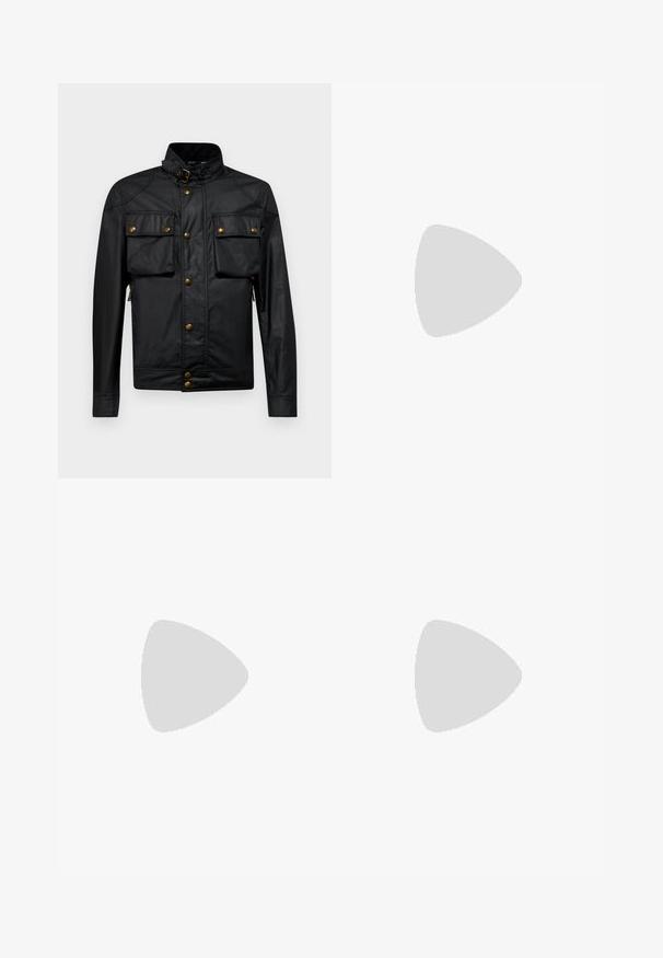 Black cotton jacket with a high collar, two chest pockets, and gold-tone buttons. Features a sleek, fitted design and zipper accents.; White cotton t-shirt with a relaxed fit, featuring a small black graphic logo on the left chest area. Short sleeves, crew neck style.; Light gray trousers with a straight-leg design, made from a smooth fabric, featuring a front button closure and side pockets.; Black leather sneakers with a smooth texture, beige rubber sole, lace-up design, and a contrasting heel accent.