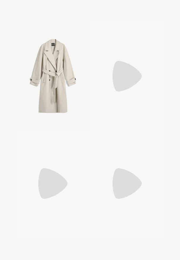 Pitkä beige villakangastakki vyöllä, leveillä läpillä, kaksirivisillä napituksilla ja napitettavilla hihansuilla, aseteltuna tasaisesti valkoiselle taustalle.; Valkoinen lyhythihainen T-paita, joka on tehty puuvillasta. Siinä on pyöreä kaula-aukko ja rento malli. Silkkinen pinta ilman näkyviä kuvioita tai koristeita.; Vaaleanharmaat leveälahkeiset housut, jotka on valmistettu pehmeästä kankaasta, elastisella vyötäröllä, säädettävällä nyörillä ja sivutaskuilla. Sileä pinta kauttaaltaan.; Stradivarius Matalavartiset tennarit - white