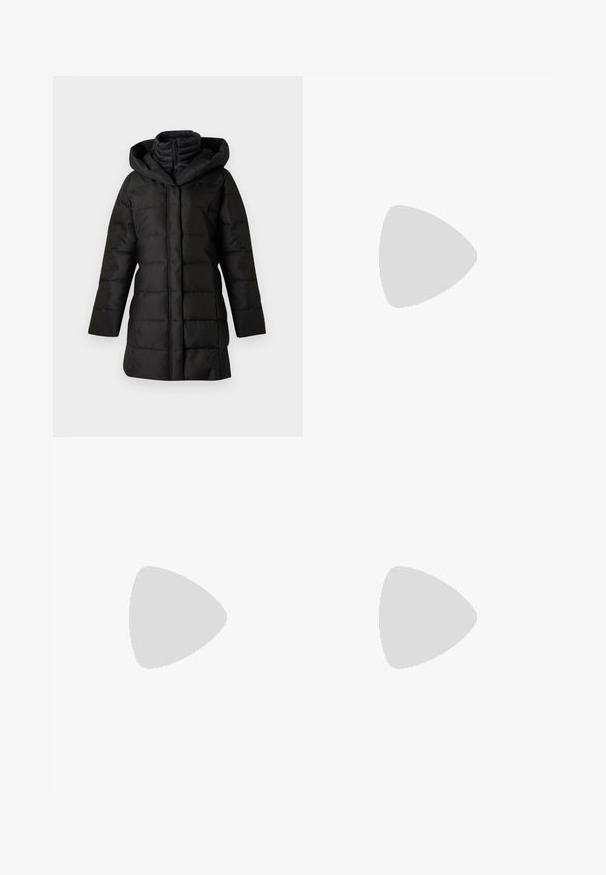 Black puffer coat with a hood, featuring a quilted design, long sleeves, and a zipper closure. Smooth texture and angled hem.; Long-sleeve black top with puffed shoulders, made of shimmering fabric. Features a deep V-neck and a fitted silhouette.; Black leather pants with a smooth texture, straight fit, elastic waistband, and a front button closure; pleated detailing and tapered legs.; Tall black leather boot with chunky platform sole and block heel, featuring pull tab and textured tread on outsole.