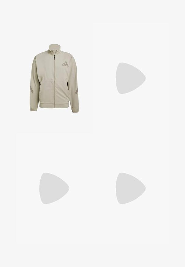 Helle beigefarbene Jacke aus leichtem Gewebe, mit hohem Kragen, vollem Reißverschluss, Fronttaschen und dezentem Logo mit drei Streifen.; Weißes kurzärmliges T-Shirt aus leichtem Stoff mit Rundhalsausschnitt und einem dunkelgrauen Logo auf der Brust. Glatte Textur, lässige Passform.; Grüne Sportshorts mit elastischem Bund, Kordelzugverschluss und einem schwarzen Logoakzent an der Seite. Glattes, leichtes Material.; Weißer Sportschuh mit schwarzen Streifen, neongrünen Akzenten und einer roten Ferse. Hat ein leichtes Design und eine strukturierte Sohle für besseren Grip.