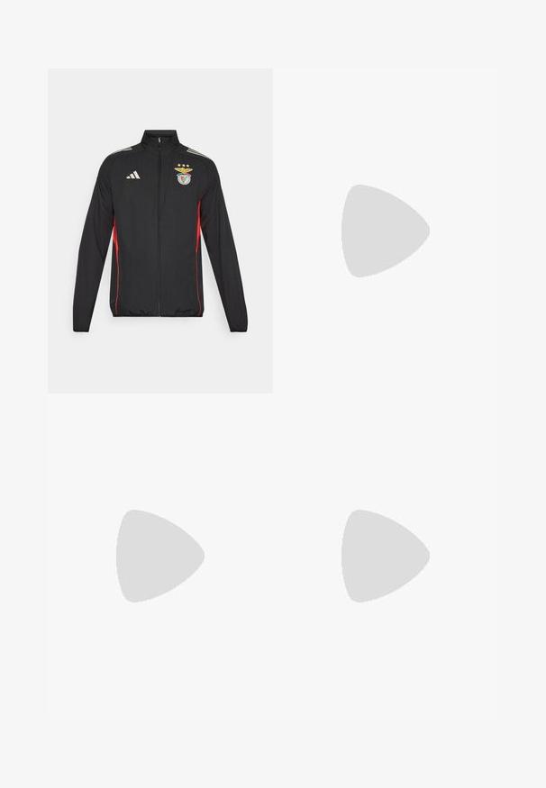 Sort atletisk jakke med røde accenter, fuld lynlås, høj krave, tre hvide striber på skuldrene og Benfica-crest med stjerner.; Hvid atletisk pullover med sorte og røde accenter, har en kvart lynlås krave, lange ærmer og et cirkulært logo på brystet.; Sorte træningsbukser med røde sidelommer, der har et logo og tre stjerner foran. Lavet af et blødt, strækbart materiale.; Sort atletik sko med åndbart mesh-overdel, hvide accenter og en polstret sål. Har tre-stripes logo på siden.