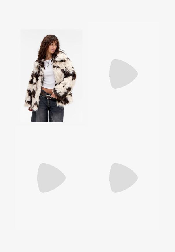 Faux fur jacket with a cream and brown striping pattern, long sleeves, and a relaxed fit, complemented by a white top and dark jeans.; Brown, lightweight garment with an open front and knot detail at the center. Made from textured fabric, it has a flowing, draped shape.; Wide-leg trousers in dark brown fabric with a smooth texture, featuring front pleats and side pockets. Tailored waistband without visible hardware.; Brown leather knee-high boot with a pointed toe design, sleek texture, and a stiletto heel. Seam detailing along the side.