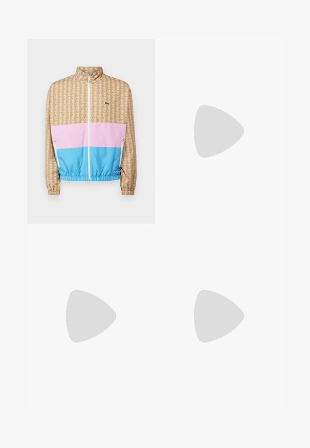 Lichtgewicht ritsjack met een gemêleerde beige bovenkant, een roze en blauwe kleurgeblokte onderkant en elastische manchetten. Lacoste-logo op de borst.; Witte katoenen t-shirt met korte mouwen, voorzien van een marineblauwe Lacoste-logo en krokodilafbeelding in het midden van de borst. Zachte textuur.; Henrik Vibskov SHADE PANTS - Relaxed fit jeans - tan; Lichtbeige sportshoe met een upper van mesh, textuuraccenten en gouden details. Beschikt over een dikke witte tussenzool en rubberen buitenzool.