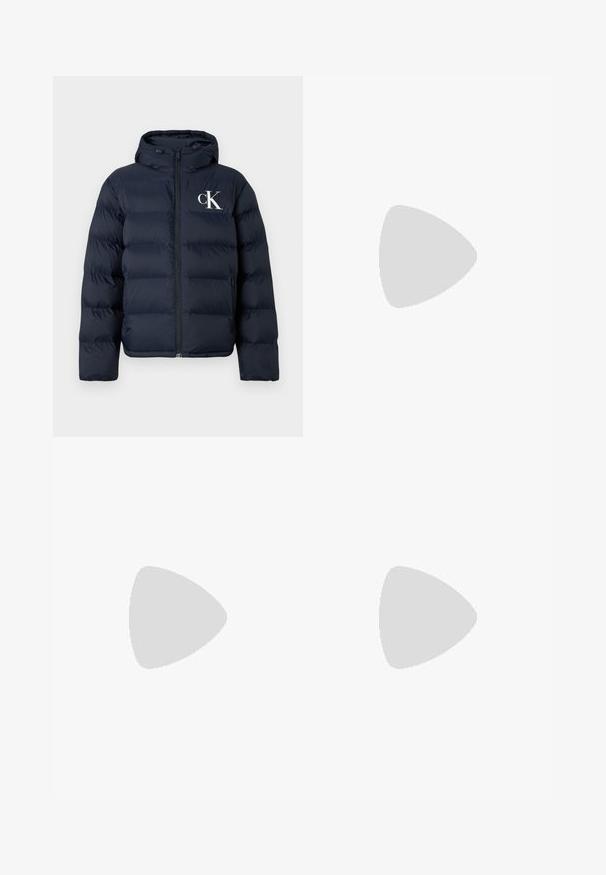 Navy blue puffer jacket with hood, front zipper, side pockets, and white "cK" logo on the left chest.; White cotton crewneck T-shirt with short sleeves, featuring a subtle embossed "Joop!" logo on the chest and a straight hem.; Blue denim jeans with a slim fit, mid-rise waist, five-pocket design, faded wash, and light whiskering on the front and back.; Black hiking shoes featuring a layered design, textured fabric, and rubber sole, with reinforced areas and a lace-up front.