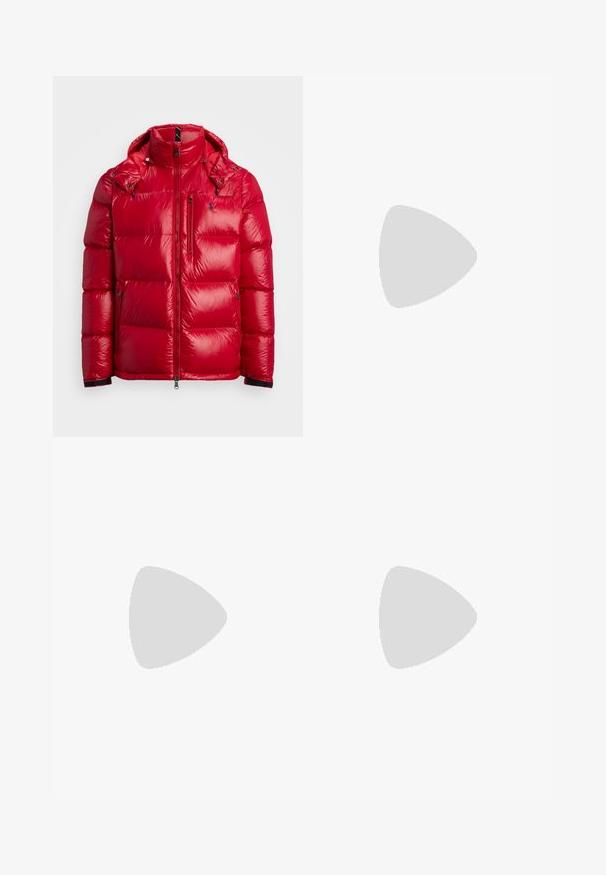 Red puffer jacket with a shiny nylon exterior, padded sections, high collar, detachable hood, and zippers on pockets and front.; Red, short-sleeve sweater with a V-neck. Soft texture featuring a gradient from dark to light red. Minimalist design, no visible hardware.; Navy blue shorts with a textured finish, featuring a straight cut and a seamless waistband, designed for comfort and a casual look.; Black waterproof boots with a textured suede upper, reinforced toe, and rubber sole. Paired with khaki, zippered hiking pants.; Knit scarf featuring a gradient from deep red to bright pink, with a smooth texture and subtle branding in the lower corner.