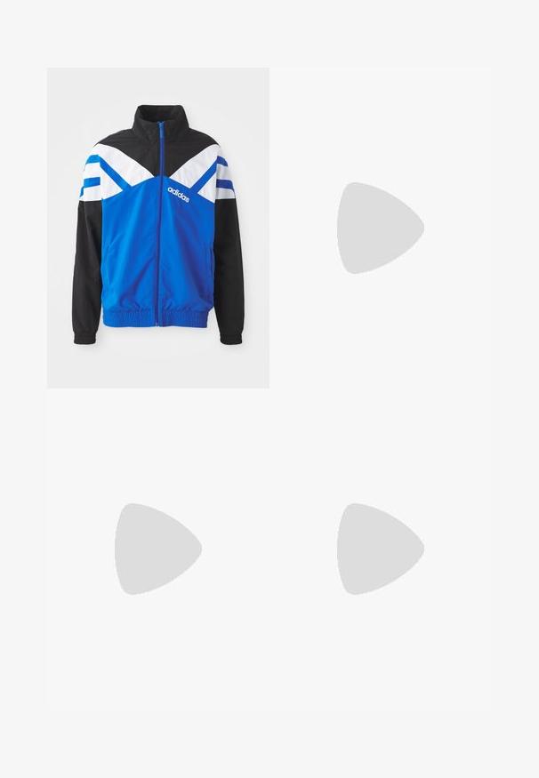 Blue and black windbreaker jacket with white and blue chevron pattern, zip closure, elastic cuffs, and side pockets. Adidas logo displayed.; Three white ribbed tank tops made of cotton. Features a crew neck and small black labels near the hem. Available in multiple sizes.; Black athletic pants with an elastic waistband, made of smooth fabric, featuring subtle side stitching and a relaxed fit, straight leg design.; Gray canvas sneakers with white rubber soles, black laces, and brown leather accents on the heel, paired with black ribbed socks.