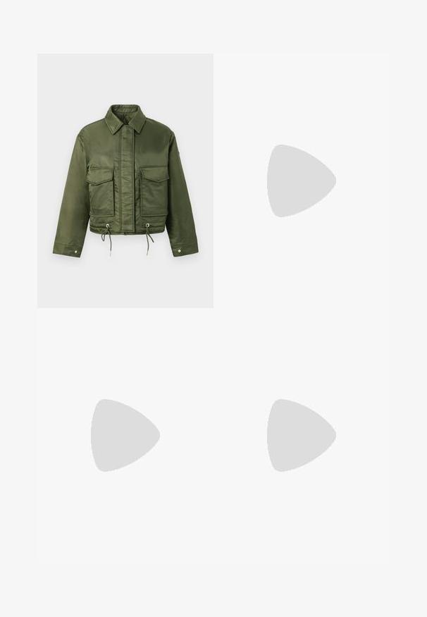 Olive green cropped jacket made of smooth, shiny fabric. Features two chest pockets, drawstring hem, and a classic collar.; Black sleeveless turtleneck top made from soft material, featuring a high collar and a back zip closure. Simple design with no patterns or accents.; Dark denim flared jeans with a high waist, featuring a gold chain belt and contrasting stitching along the seams.; Black ankle boot made of glossy leather with a pointed toe and a chunky, square heel. Features a smooth texture and minimalistic design.; Black leather handbag with a structured design, top handles, silver hardware, and a prominent MK logo detail. Worn with dark denim pants.