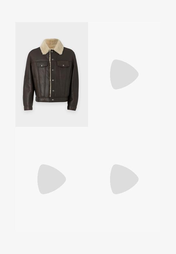 Pruun nahast jakk kunstlikust villast kraega, kaks rindkere taskut klappidega, hõbedased nööbid ja vertikaalsed õmblused.; Heled roosa T-särk, mis on valmistatud puuvillast, ümarate kaeluste ja lühikeste varrukatega. Esimisel küljel on valge logo tekst.; Halli kohandatud püksid tekstureeritud kangast, elastse vöökoht ja sirged sääred koos ees oleva voldi detailiga.; Tumed hallid Lacoste tossud, mis on valmistatud võrkkangast ja sünteetilisest materjalist, omavad tekstureeritud talla ning pruune aktsente kaeluse ja brändingu juures.