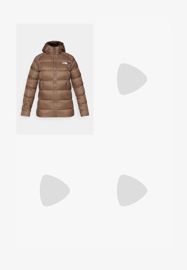 Brown padded winter jacket with hood, zip closure, side pockets, and white The North Face logo on chest.; Long-sleeved, crew-neck top in textured dark teal fabric, featuring ribbed pattern and slightly cropped hem.; Black waterproof pants with an elastic waistband, zippered side pockets, tapered legs, and ribbed cuffs at the ankles. Features logo accents.; Black athletic shoe with gray accents, featuring a textured mesh upper, three white stripes, and a rubber outsole for traction.