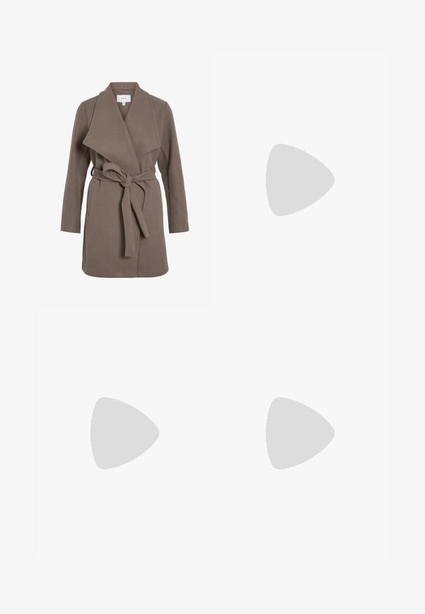 Brown belted coat with a wide lapel, made from a soft fabric. Features two front pockets and a relaxed fit. Smooth texture and simple design.; White sleeveless top with a round neckline. Made of smooth fabric, it features a relaxed fit and minimalist design. No patterns or accents.; Beige wide-leg trousers with a high waist, featuring a button closure and pleat details. Smooth fabric with a soft texture.; White platform sneakers made of smooth synthetic material, featuring a rounded toe, lace-up design, and a textured rubber sole. Black heel accent.