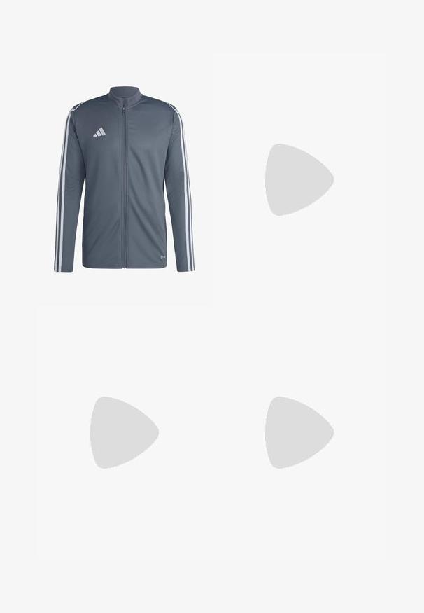 Gray athletic jacket made of polyester. Features a full zip, high collar, and white stripes along the shoulders. Adidas logo on the chest.; Long-sleeve white athletic shirt made of smooth material featuring a black Adidas logo at the chest; V-neck design and fitted shape.; Gray athletic pants with neon yellow side panels, elastic waistband, tapered leg design, and a reflective logo on the front.; Black athletic shoes with a textured mesh upper, white accent stripes, a cushioned sole, and a reinforced heel for support.