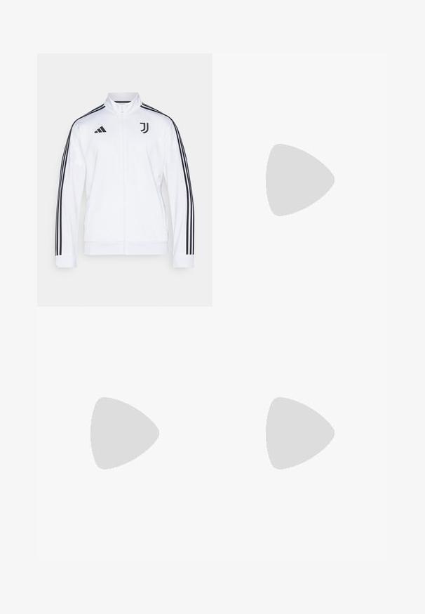 Jachetă sport albă cu fermoar, cu dungi negre pe mâneci, având logo-ul Adidas și un emblema Juventus pe piept. Finisaj de țesătură netedă.; Tricou de fotbal roșu și alb, fabricat din material respirabil, cu guler rotund, model cu dungi verticale, logo-ul clubului și brandingul sponsorului.; Pantaloni atletici roșii cu talie elastică, buzunare laterale cu fermoar și trei dungi albe pe laterale. Prezintă un mic logo pe coapsă.; Pantofi sport albi cu partea superioară din plasă, accente verzi neon, șireturi teal și toc negru. Prezintă o talpă albă texturată cu un detaliu verde.