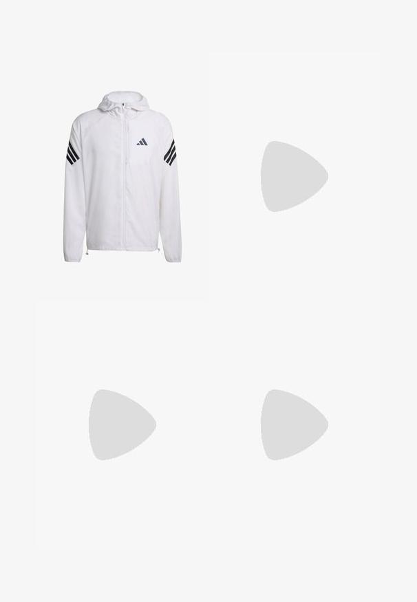 Chaqueta blanca ligera con capucha, con acentos de tres rayas negras en las mangas y un pequeño logo gris. Cierre de cremallera completa y dobladillo ajustable.; Polo blanco hecho de tela transpirable con cuello, con mangas cortas y un logo negro de Adidas en el lado izquierdo del pecho.; Shorts deportivos grises con una cinturilla elástica negra en la que está impreso "BJÖRN BORG" y "BORG" en negro en el lateral. Textura suave.; Zapato deportivo blanco con una parte superior de malla texturizada, con rayas grises y una suela acolchonada. Diseño ligero adecuado para correr.