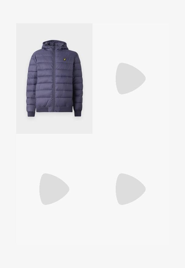 Men’s navy blue quilted puffer jacket with hood, front zipper, ribbed cuffs, and small yellow bird logo on left chest.; White cotton t-shirt with short sleeves, round crew neckline, and a relaxed fit. Features minimalistic design, no patterns or accents.; Light beige shorts made of textured fabric, featuring a drawstring waistband and a knee-length design with subtle vertical stripes.; White sneaker with a smooth leather upper and a low profile. Features a rounded toe, six eyelets, and a textured rubber sole.