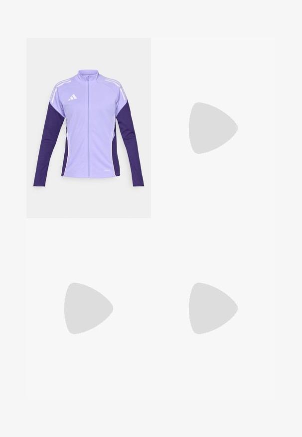 Light purple athletic jacket with dark purple sleeves, zip closure, and white stripes on shoulders. Made from breathable, moisture-wicking material.; Purple athletic tank top with a patterned, textured fabric. Features cutout sides and a small white logo on the front.; Purple high-waisted leggings made from stretchy material; features a side pocket and a small logo on the lower leg. Smooth texture throughout.; Light purple running shoe with a mesh upper, white three-stripe design, textured finish, and a thick foam midsole labeled "LIGHTSTRIKE PRO."
