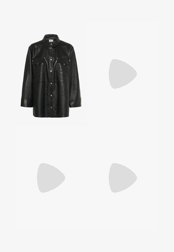 Black leather shirt jacket with long sleeves, pointed collar, two chest pockets, and silver metallic snap buttons. Smooth texture, structured design.; Black long-sleeve shirt made of smooth fabric, featuring a round neckline and slight curvature at the hem, with minimal stitching details.; Beige wide-leg jeans with a high waist, featuring a button closure, front pockets, and frayed hem. Made of denim fabric.; Knee-high suede boots in camel color with a pointed toe and a thin high heel. Smooth texture and sleek silhouette with minimal detailing.