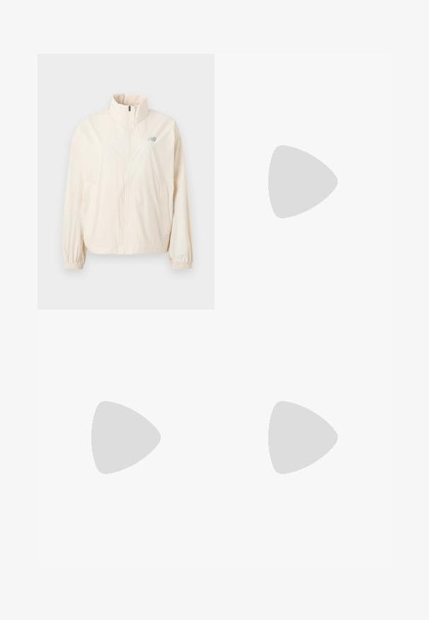 Kermavan värinen, kevyt takki, jossa on korkea kaulus, täysipitkä vetoketju, joustavat hihansuut ja pieni harmaa logo vasemmalla ylhäällä.; Vaaleanvihreä pitkähihainen paita, joka on valmistettu teksturoidusta kankaasta. Paidassa on pyöreä kaula-aukko ja pieni logo vasemmassa rinnassa.; Korkeavyötäröiset leggingsit hillityn vihreässä kankaassa, joissa on sileä pinta ja tiukka istuvuus. Pieni tummanharmaa logo yläreidessä.; Beige urheilukenkä, jossa on harmaita yksityiskohtia, verkkokangas päällinen ja teksturoitu pohja. Sisältää kolme harmaata raitaa ja vaaleanpunaiset sisäyksityiskohdat.